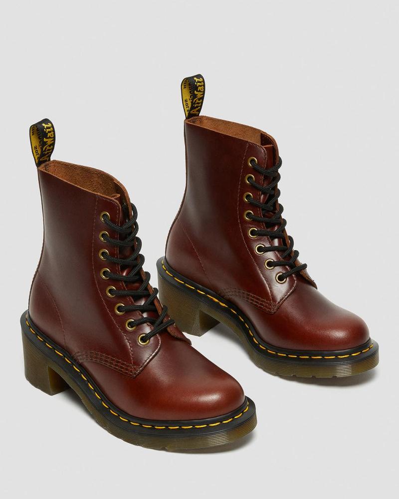 Brown Women's Dr Martens Clemency Leather Heeled Heeled Boots | CA 139RVD